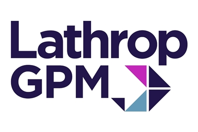 [ai] Logo of Lathrop GPM, featuring the name in bold purple font with a geometric design including shades of blue and pink. The design includes an arrow pointing to the right.